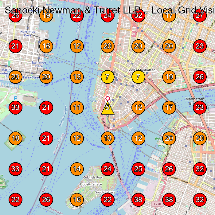 Sanocki Newman & Turret LLP GeoGrid visibility map for Personal Injury Attorney in New York